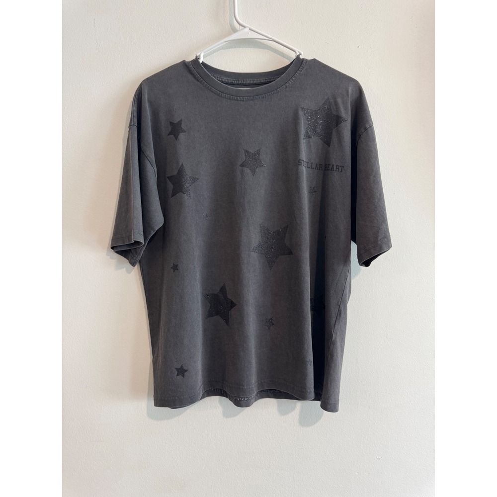 Zara Stellar Heart T-Shirt Girls 13-14 Charcoal Gray Glitter Star Graphic Tee